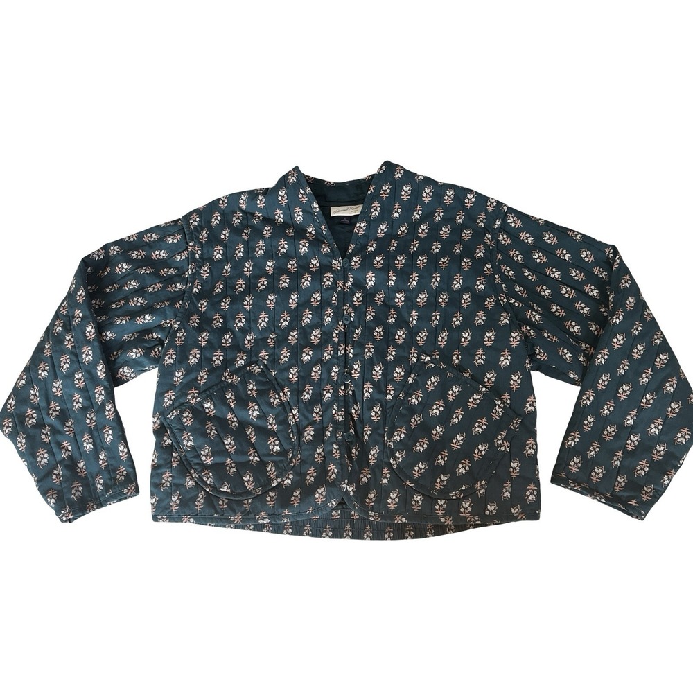 Universal Thread Size L‎ Teal Floral Coat Button Up Quilted Grandma Cottagecore